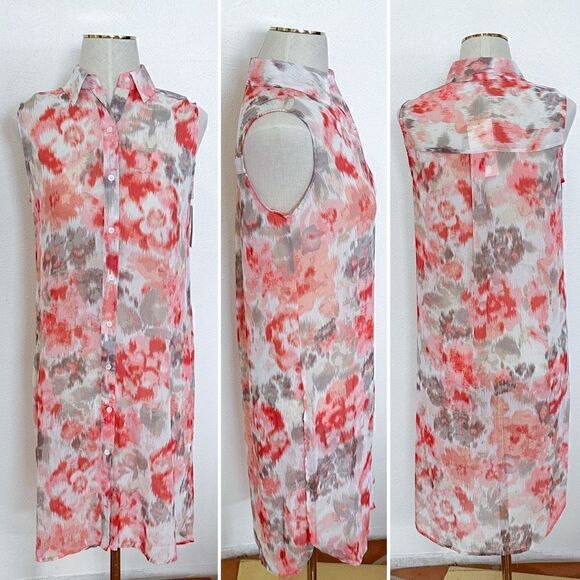Vince Camuto Boho Printed Sheer Sleeveless Button Down XS NWT - Picture 1 of 2